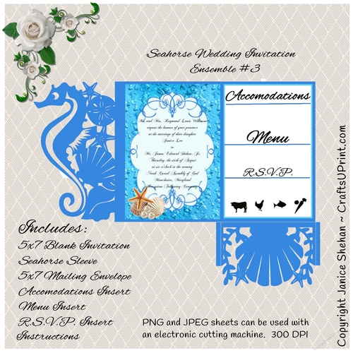 SEAHORSE SEASHELL BEACH WEDDING BRIDAL INVITATION WE-3