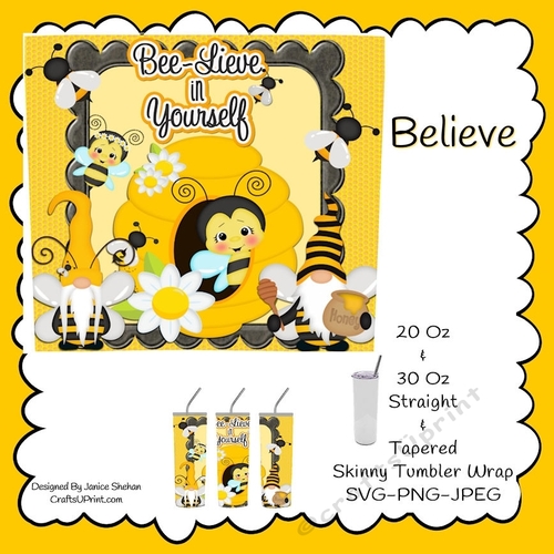 Gnome BEE Printable Tumbler Wrap, Sublimation Design, 20 and 30  oz Skinny Tumbler, PNG, SVG Download File
