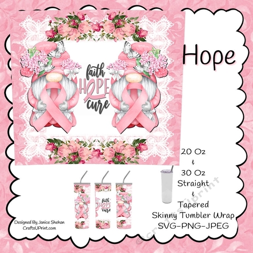 Gnome BREAST CANCER AWARENESS Printable Tumbler Wrap, Sublimation Design, 20 and 30  oz Skinny Tumbler, PNG, SVG Download File