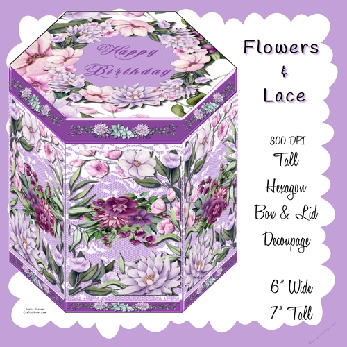 GORGEOUS TALL HEXAGONAL DECOUPAGE BOX - Flowers & Lace