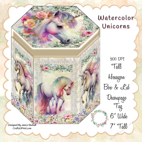 GORGEOUS TALL HEXAGONAL DECOUPAGE BOX - WATERCOLOR UNICORNSFlowers & Lace