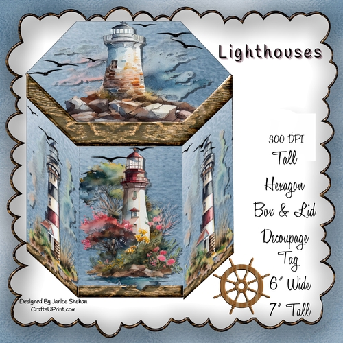 HANDSOME TALL HEXAGONAL DECOUPAGE BOX - WATERCOLOR LIGHTHOUSES