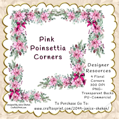 PINK CHRISTMAS POINSETTIAS  DESIGNER RESOURCE FLORAL CORNER PNG CLIPART