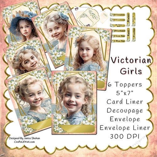 6 CARDS VICTORIAN GIRL GIRLS 5X7 CARD KIT, ENVELOPE, LINERS, DECOUPAGE BUMPER KIT