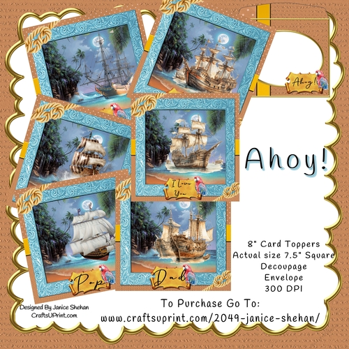 6 CARDS ANTIQUE SHIPS, BUMPER KIT, DECOUPAGE, SENTIMENTS, ENVELOPE
