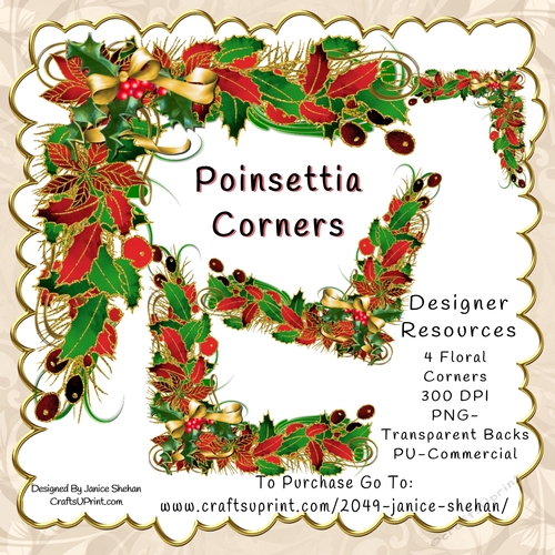 CHRISTMAS GOLD POINSETTIA CORNER PNG CLIPART