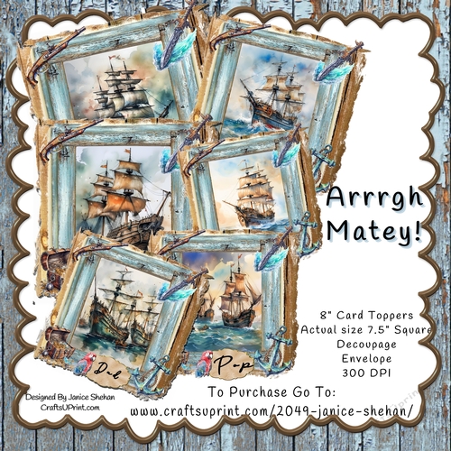 6 CARDS PIRATE SHIPS, BUMPER KIT, DECOUPAGE, SENTIMENTS, ENVELOPE
