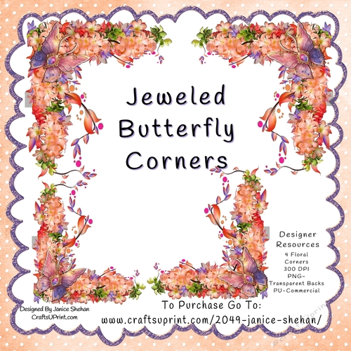 JEWEL BUTTERFLY AND ORANGE FLORAL FLOWER CORNER PNG CLIPART
