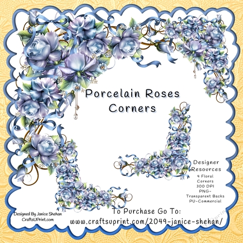 PORCELAIN, BLUE, ROSES, FLORAL FLOWER CORNER PNG CLIPART