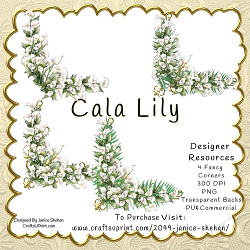 CALA LILY LILLIES FANCY CORNER PNG CLIPART SET OF 4