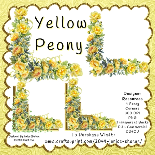 YELLOW PEONY FANCY CORNER PNG CLIPART SET OF 4