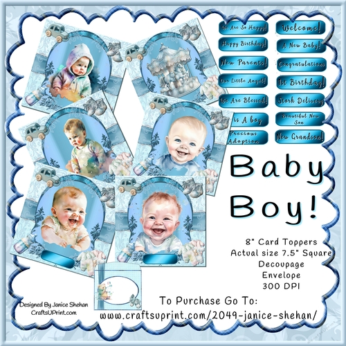 NEW BABY BOY, 6 CARDTOPPERS, BUMPER KIT, DECOUPAGE, SENTIMENTS, ENVELOPE