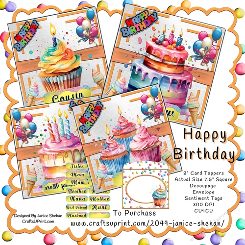 HAPPY BIRTHDAY, 4 CARD TOPPERS, BUMPER KIT, DECOUPAGE, SENTIMENTS, ENVELOPE