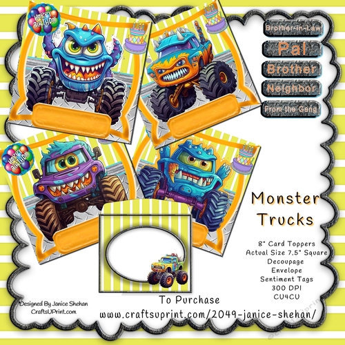 MONSTER TRUCKS, MEN, BOYS, MAN CARD BUMPER KIT WITH DECOUPAGE AND ENVELOPE