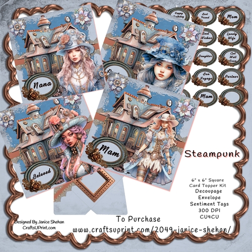 STEAMPUNK STEAM PUNK LADIES BIRTHDAY 4 CARD TOPPER BUMPER KIT WITH DECOUPAGE AND ENVELOPE
