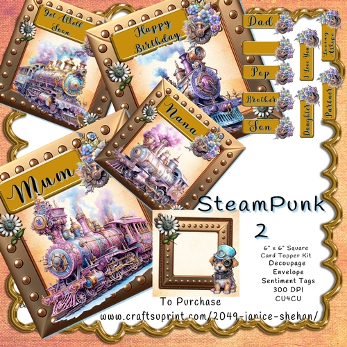 STEAMPUNK 2 STEAM PUNK BIRTHDAY 4 CARD TOPPER BUMPER KIT WITH DECOUPAGE AND ENVELOPE