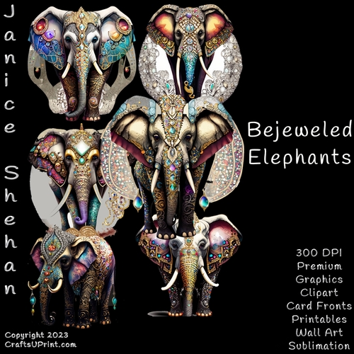JEWELED ELEPHANTS, BUNDLE, CARD FRONTS, CLIPART, SUBLIMATION, AFRICAN ELEPHANT, PNG