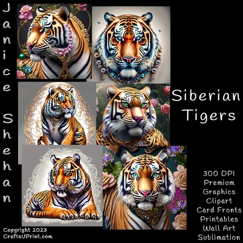 TIGER, TIGERS, SIBERIAN, BUNDLE, CARD FRONTS, CLIPART, SUBLIMATION, AFRICAN ELEPHANT, PNG