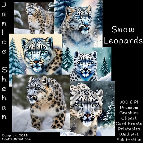 WHITE SNOW LEOPARDS, BUNDLE, CARD FRONTS, CLIPART, SUBLIMATION, AFRICAN ELEPHANT, PNG
