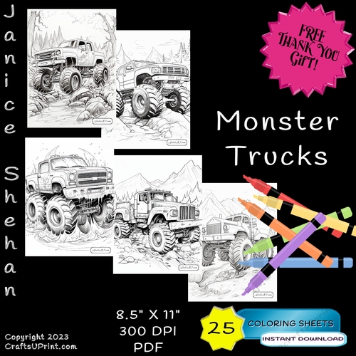 25 MONSTER TRUCKS, MEN, BOYS, PRINTABLE SHEETS, COLOUR ING BOOKS, CHILDREN, ADULT, PRINTABLE DIGITAL COLORING SHEETS, COLORING PAGES, COLORING BOOK