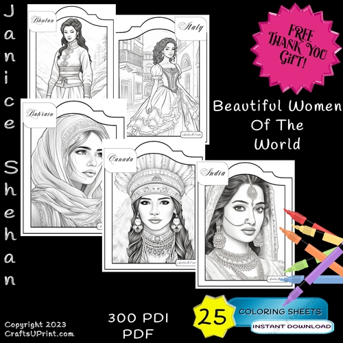 25 BEAUTIFUL WOMEN OF THE WORLD, PRINTABLE SHEETS, COLOUR ING BOOKS, CHILDREN, ADULT, PRINTABLE DIGITAL COLORING SHEETS, COLORING PAGES, COLORING BOOK