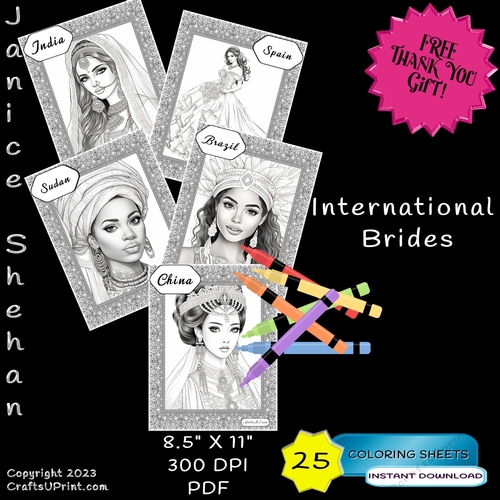 25  INTERNATIONAL WEDDING BRIDES, ADULT COLORING PAGES, COLORING SHEETS