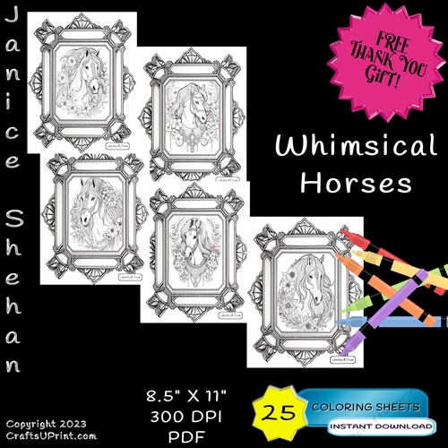 25 WHIMISCAL HORSES, HORSE, BEAUTIFUL, ADULT COLORING PAGES, COLORING SHEETS
