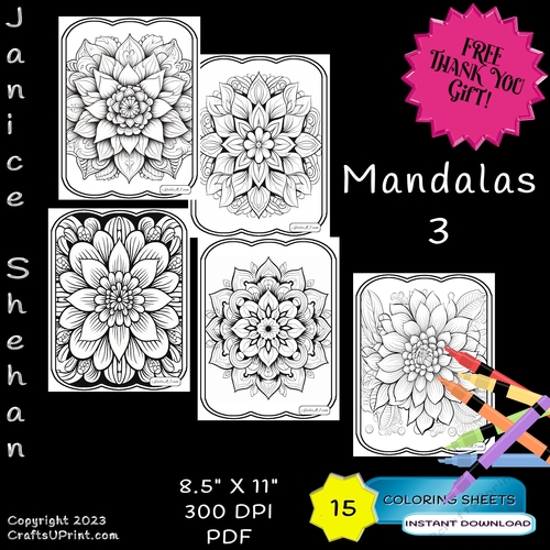 15  MANDALAS 3 ADULT Printable Coloring Pages Sheets FREE THANK YOU GIFT! 