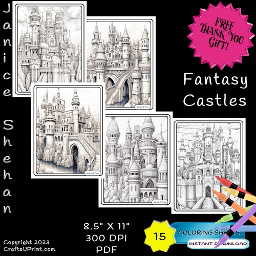 15   CASTLES 2, FANTASY CASTLES, ADULT Printable Coloring Pages Sheets FREE THANK YOU GIFT! 