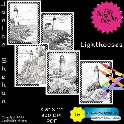 15   LIGHTHOUSES, LIGHT HOUSES, ADULT Printable Coloring Pages Sheets FREE THANK YOU GIFT! 
