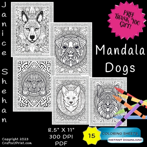 15   BEAUTIFUL DOG DOGS MANDALA MANDALAS COLORING BOOK PRINTABLE COLORING PAGES FOR CHILDREN, Printable Coloring Pages Sheets FREE THANK YOU GIFT! 