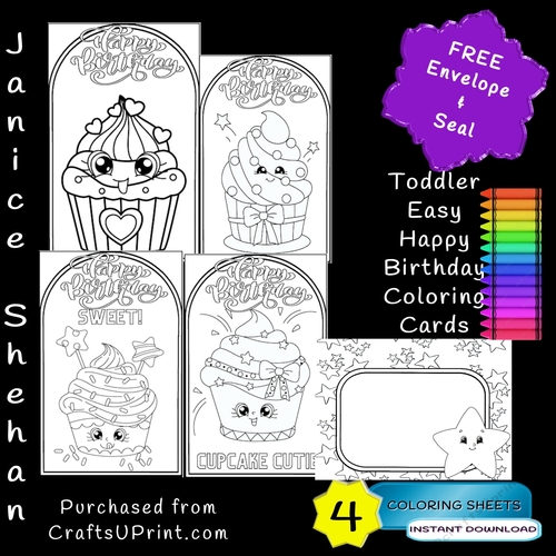 4 HAPPY BIRTHDAY CUPCAKE CUP CAKES TODDLER EASY COLORING COLOURING CARDS WITH ENVELOPES DIY PRINTABLE CHILDREN GREETING CARDS