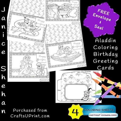 4 HAPPY BIRTHDAY ALADDIN JASMINE TODDLER EASY COLORING COLOURING CARDS WITH ENVELOPES DIY PRINTABLE CHILDREN GREETING CARDS