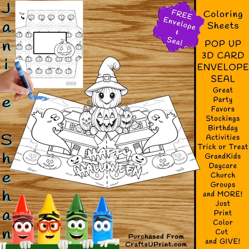 1 Halloween Pop Up 3D Sweet EASY Kids Children Toddler Greeting Coloring Cards, Free Envelope and seal.