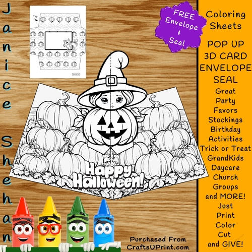1 Halloween Pop Up 3D Ghosts Pumpkins Sweet EASY Kids Children Toddler Greeting Coloring Cards, Free Envelope and seal.