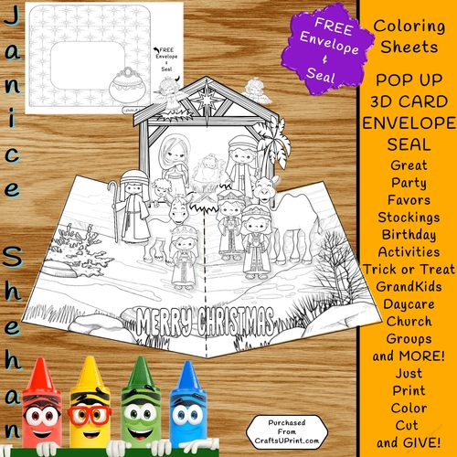 3D POP-UP CHRISTMAS NATIVITY COLORING CARD, ENVELOPE AND SEAL