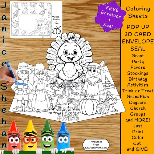 3D POP-UP THANKSGIVING COLORING CARD, ENVELOPE AND SEAL
