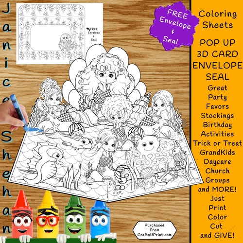 3D POP-UP MERMAID COLORING CARD, ENVELOPE AND SEAL - EASY PRINT, COLOR CUT AND SEND