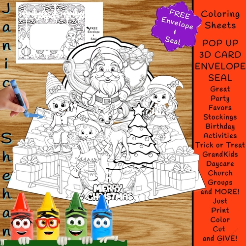 3D POP-UP SANTA ELVES ELF CHRISTMAS COLORING CARD