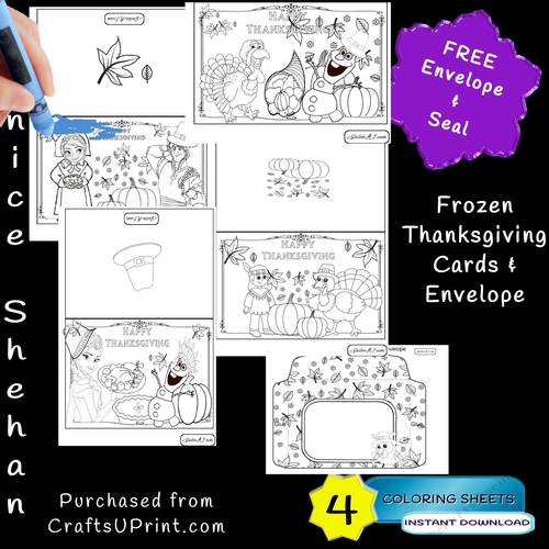 4 FROZEN ELSA OLAF ANNA THANKSGIVING COLORING CARD, ENVELOPE AND SEAL - EASY PRINT, COLOR CUT AND SEND