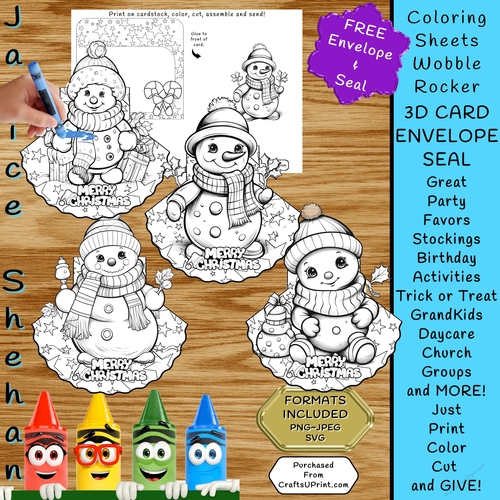 4 ADORABLE CHILDREN COLORING CARDS CHRISTMAS SNOWMAN SNOWMEN 3D WOBBLE ROCKER COLORING CARDS AND ENVELOPE
