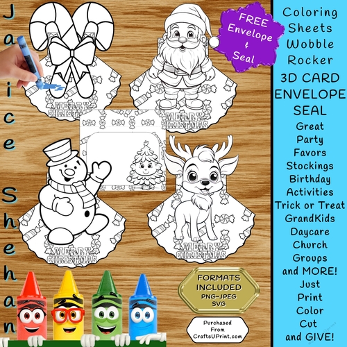 4 ADORABLE CHILDREN COLORING CARDS CHRISTMAS SANTA, RUDOLPH, SNOWMAN, CANDY CANE 3D WOBBLE ROCKER COLORING CARDS AND ENVELOPE