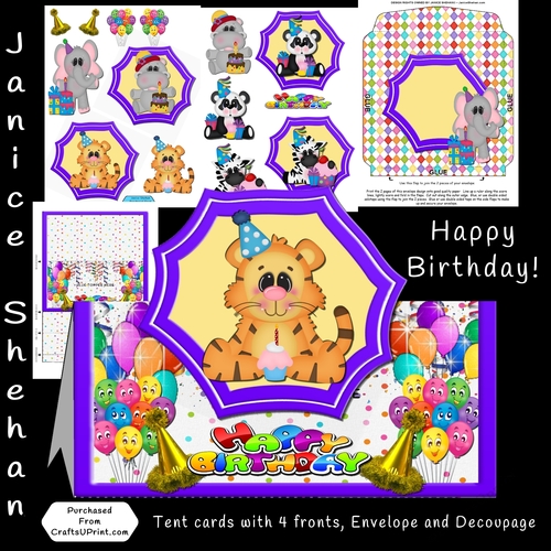 CHILDREN BIRTHDAY, TENT CARD, ENVELOPE, DECOUPAGE, 4 FRONTS