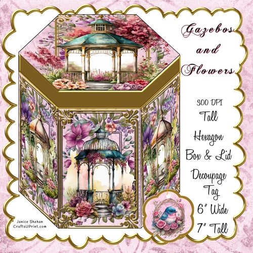 GAZEBO, GOLD AND FLOWERS HEXAGON GIFT BOX AND GIFT TAG