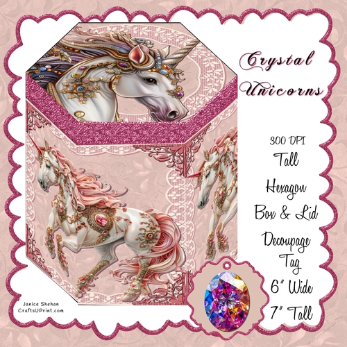 CRYSTAL UNICORN, UNICORNS,  HEXAGON GIFT BOX AND GIFT TAG