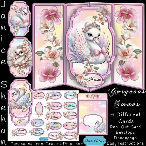 4 CARD KITS IN ONE, GORGEOUS SWANS, NEW BABY, HAPPY BIRTHDAY