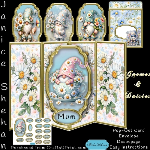 GNOMES AND DAISIES, 4 SEPERATE FRONTS, 3D CENTER POP OUT CARD, ENVELOPE, SENTIMENTS AND DECOUPAGE KITS
