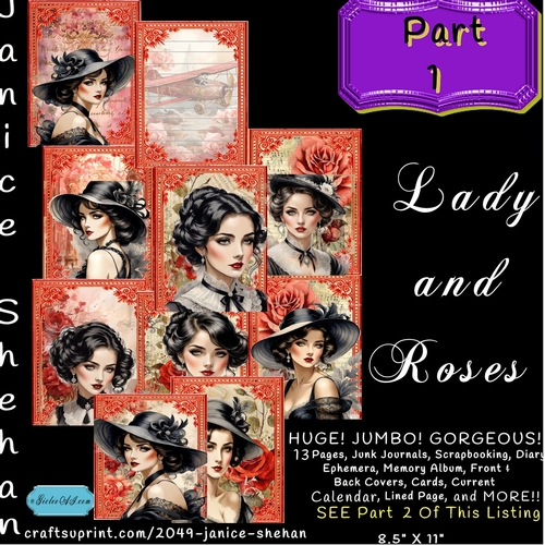 LADY AND RED ROSES PART 1 Printable Digital Download, Ephemera, Junk Journal, General Journal Pages, Diary Scrapbooking, Clipart, Print and Cut