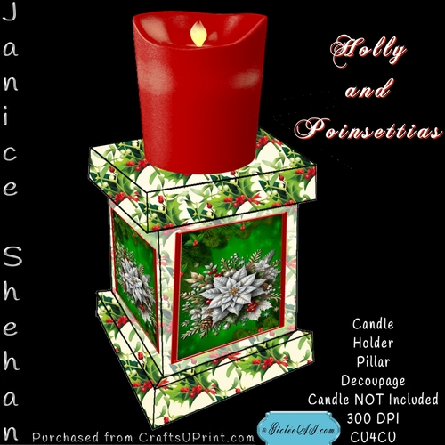 CHRISTMAS HOLLY AND POINSETTIAS CANDLE HOLDER PILLAR