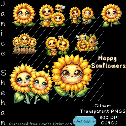 HAPPY SUNFLOWERS, TRANSPARENT, PNG, CLIPART, CARDS, SUBLIMATION